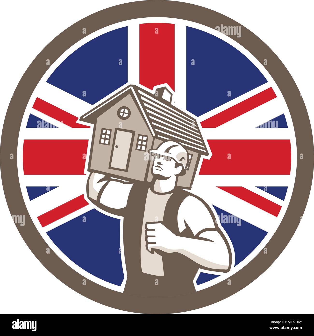 Icon retro style illustration of a British house removal or mover carrying a house with United Kingdom UK, Great Britain Union Jack flag set inside ci Stock Vector
