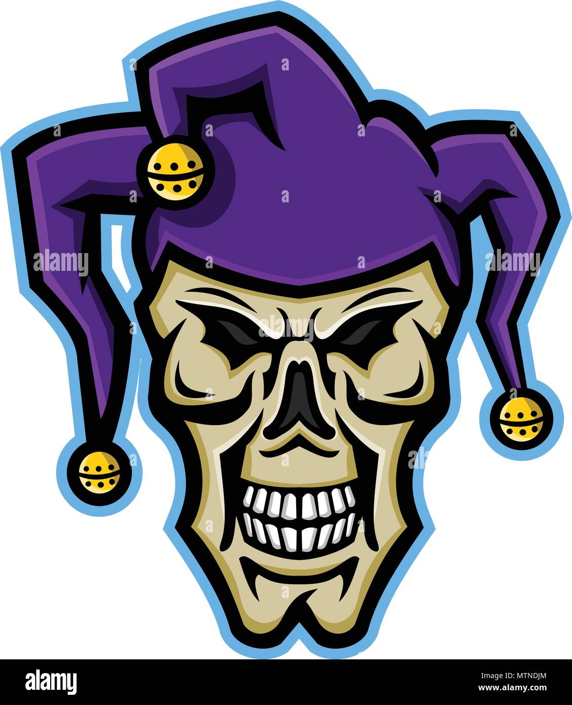 Mascot icon illustration of head of a court jester, joker, fool,story-teller or minstrel skull viewed from front on isolated background in retro style Stock Vector
