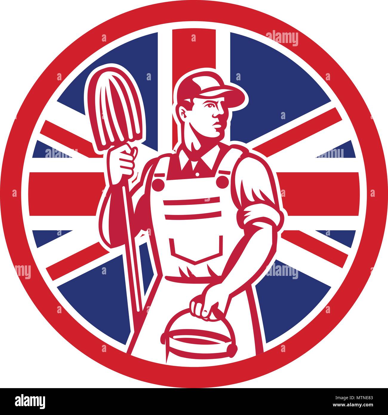 Icon retro style illustration of a British professional cleaner holding mop and bucket  with United Kingdom UK, Great Britain Union Jack flag set insi Stock Vector