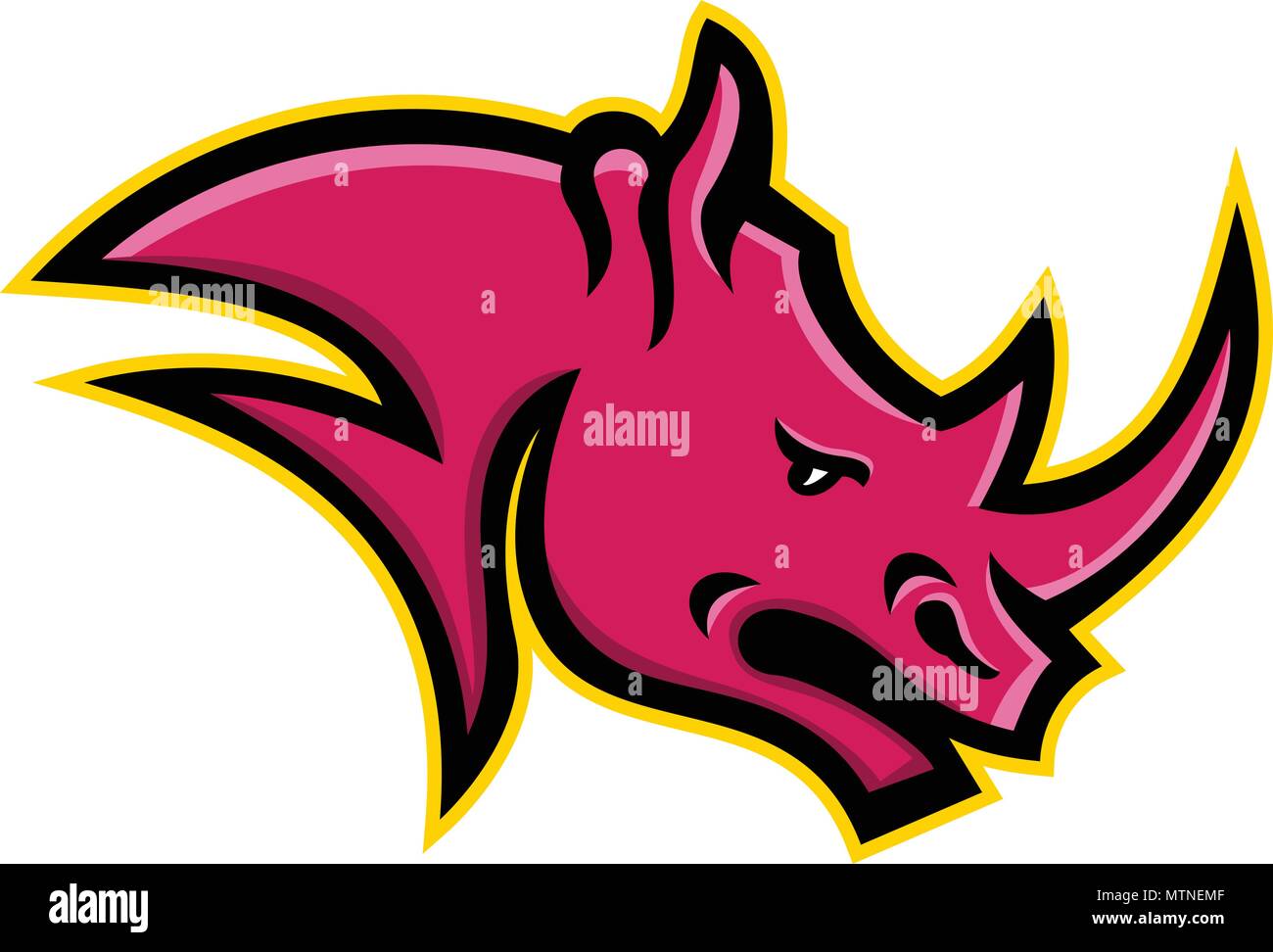 Mascot icon illustration of head of a rhinoceros or rhino, one of any five extant species of odd-toed ungulates  in the family Rhinocerotidae, viewed  Stock Vector