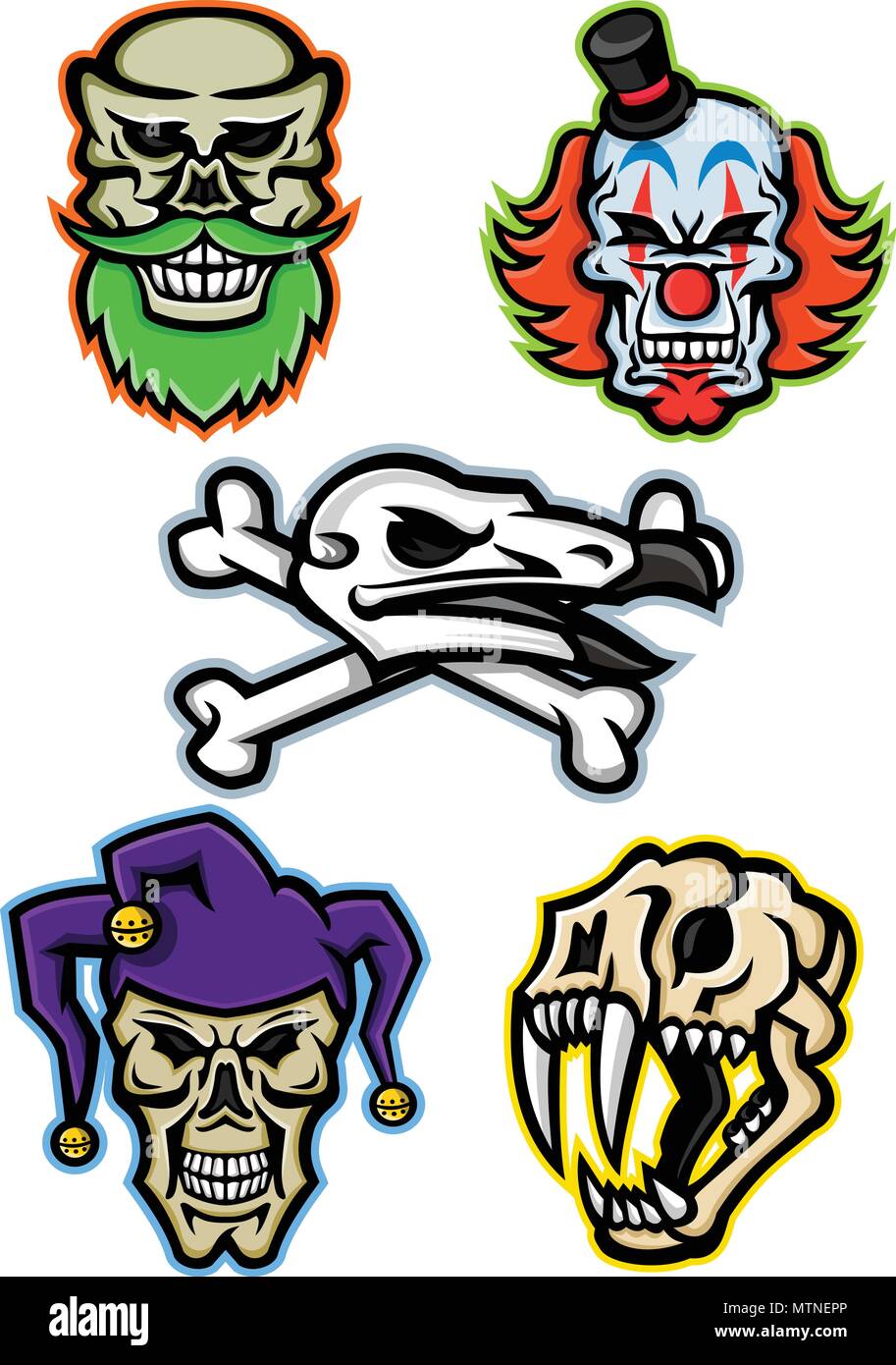 Mascot icon illustration set of skull heads and bones of a bearded hipster skull, whiteface clown skull, vulture or condor with crossed bones, court j Stock Vector