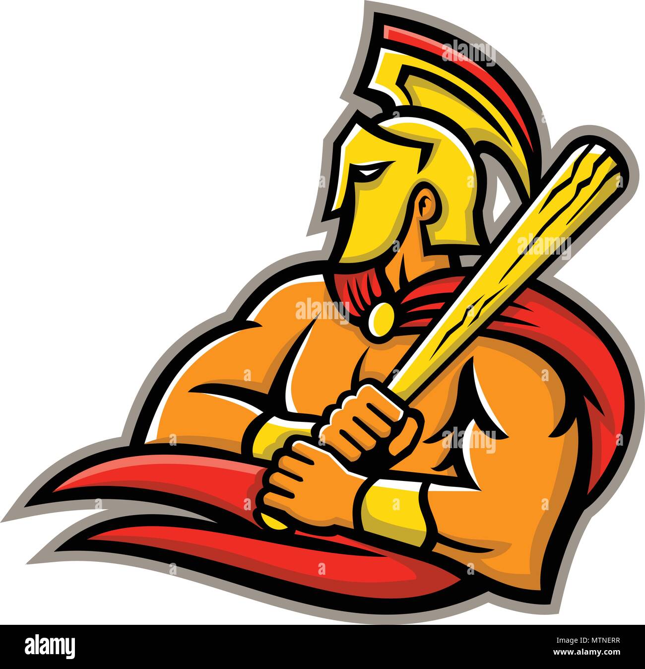 Mascot icon illustration of head of a Trojan or Spartan warrior wearing a helmet and holding a baseball bat viewed from side on isolated background in Stock Vector