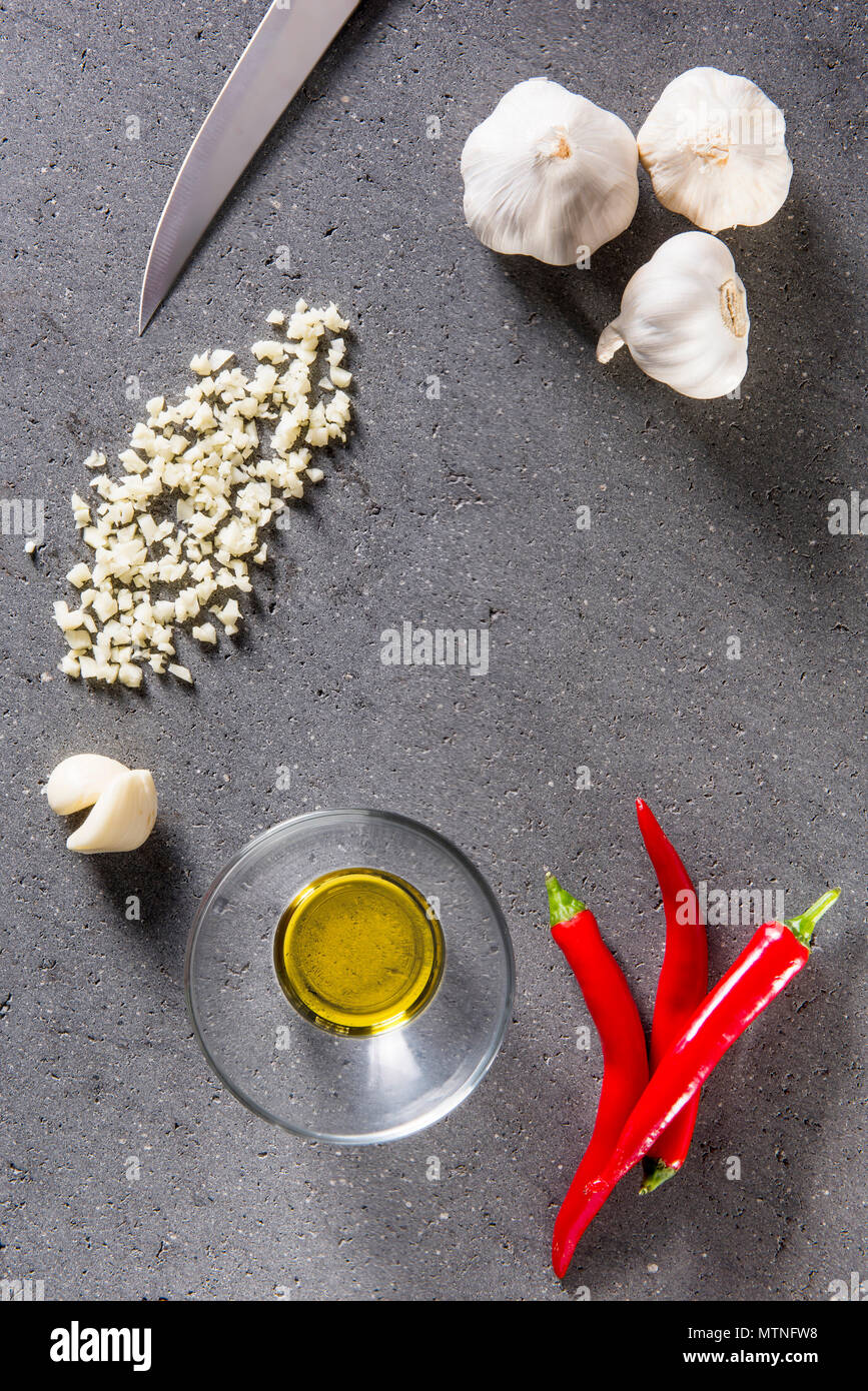 Ingredients for preparation of pasta Aglio, olio e peperoncino Stock