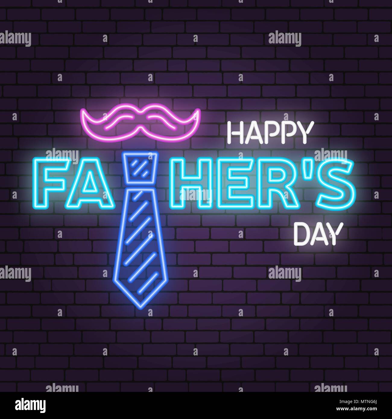 Happy Fathers Day sign on brick wall background. Neon design for Fathers Day. Vector illustration. Advertisement sign. Stock Vector