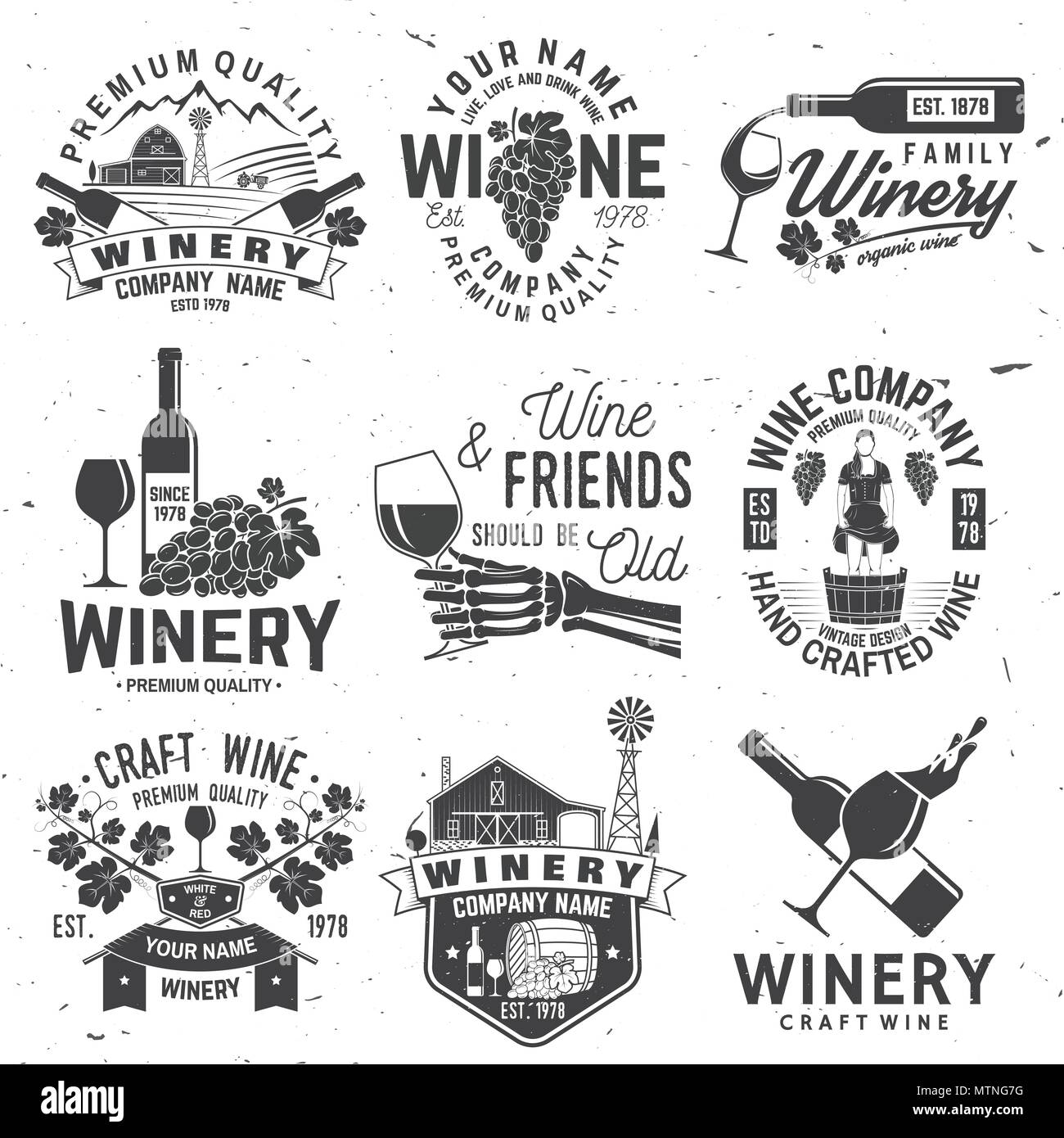 Set of wine company badge, sign or label. Vector illustration. Vintage design for winery company, bar, pub, shop, branding and restaurant business. Coaster for wine glasses Stock Vector