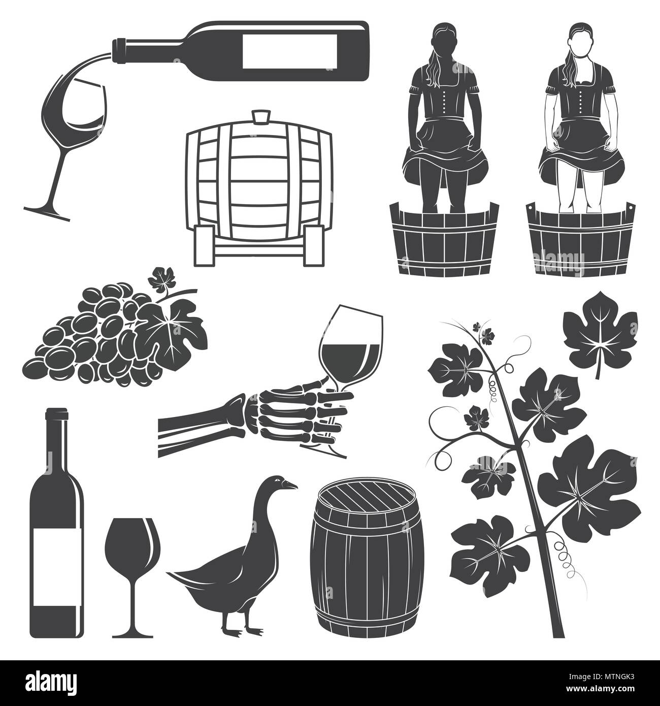 Set of Wine silhouette icons. Set include girl stomping, crushing grapes, barrel, goose, grape with leaf, branch and bottle, glass of wine. Icons for winery company business. Vector illustration. Stock Vector