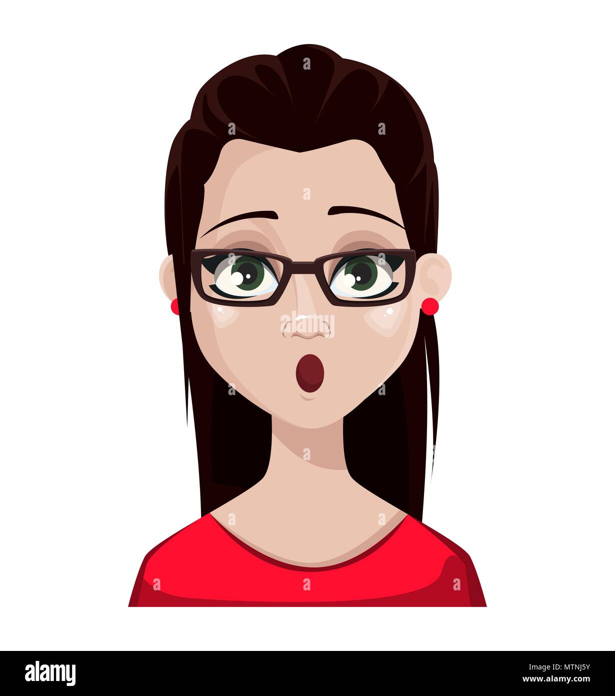 Face expression of beautiful brunette woman in glasses and red blouse. Female emotions. Surpised cartoon character. Vector illustration isolated on wh Stock Vector