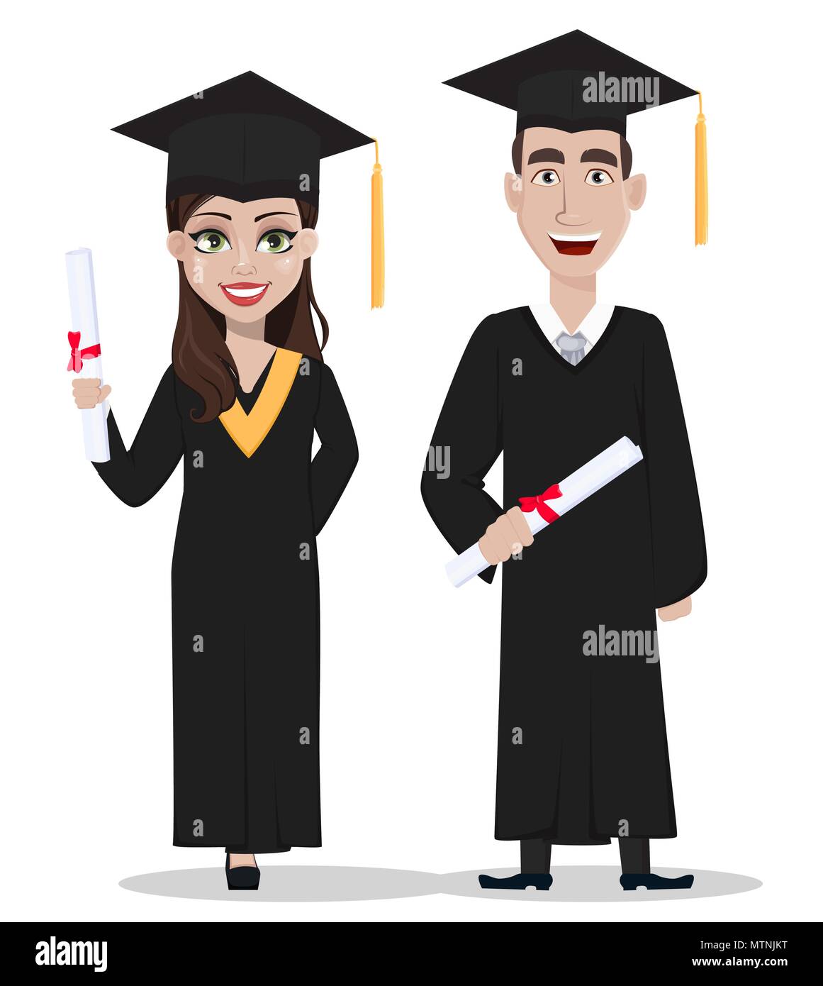 Students graduation. Handsome guy and beautiful lady, cartoon characters holding diplomas. Vector illustration isolated on white background. Stock Vector