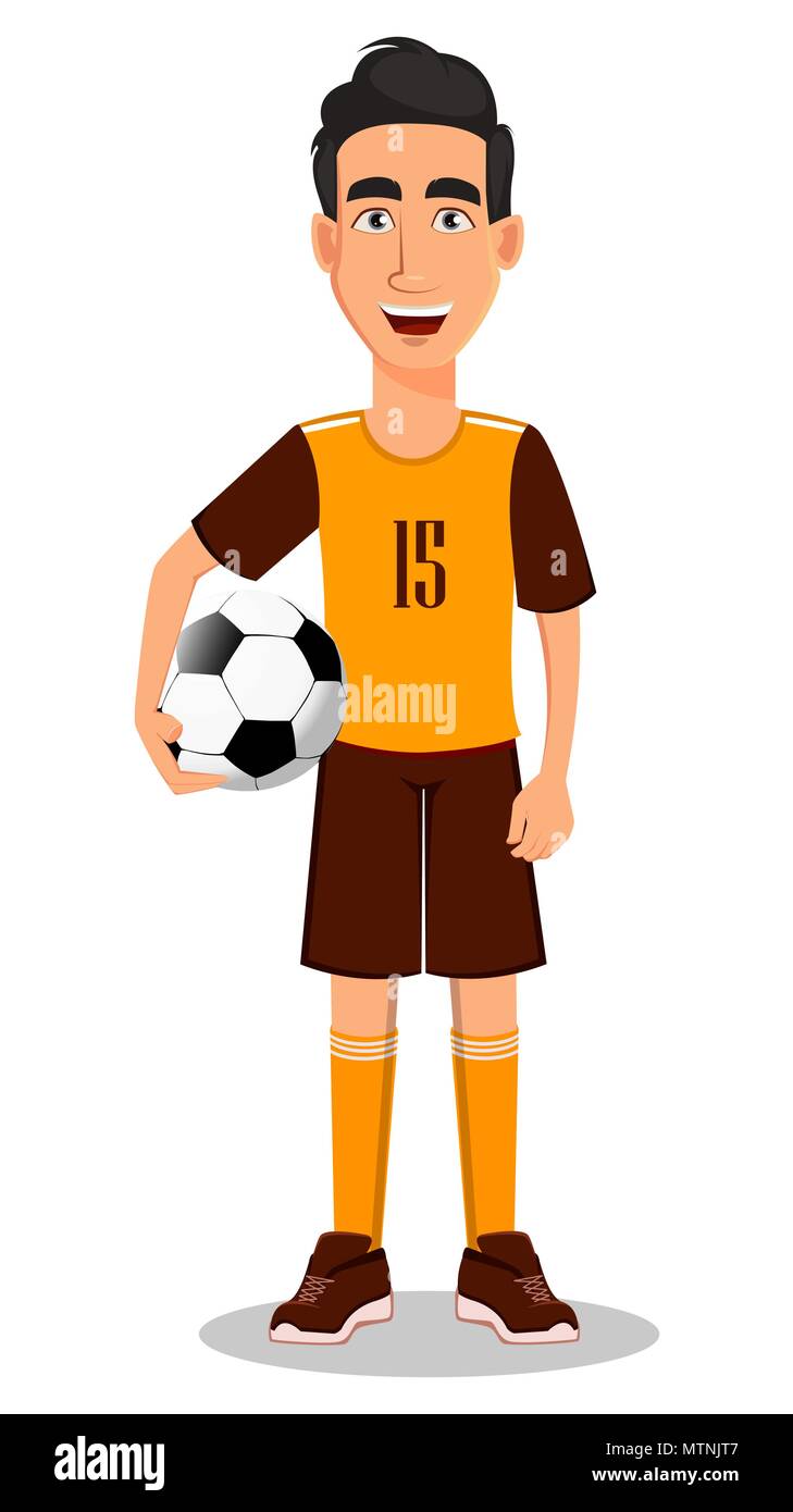 Football player in yellow and brown uniform. Handsome cartoon character  holding soccer ball in hand. Vector illustration on white background Stock  Vector Image & Art - Alamy