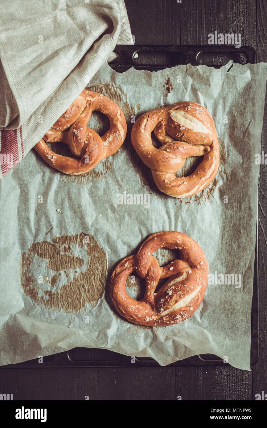 Rustic Look Pretzels From the Oven on Baking Sheet Stock Photo