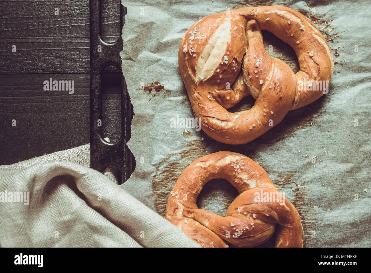 Rustic Look Pretzels From the Oven on Baking Sheet Stock Photo
