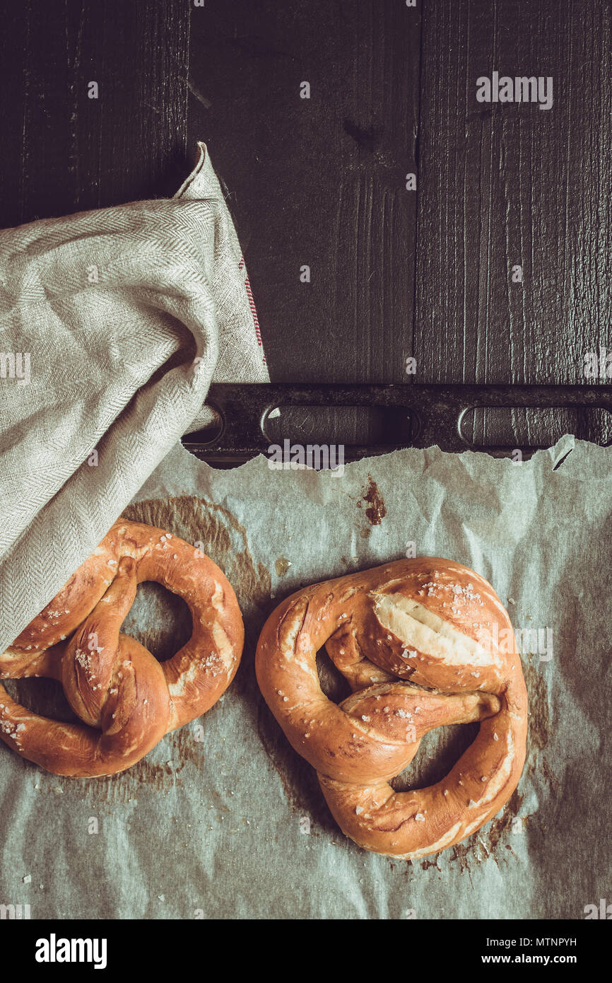 Rustic Look Pretzels From the Oven on Baking Sheet Stock Photo