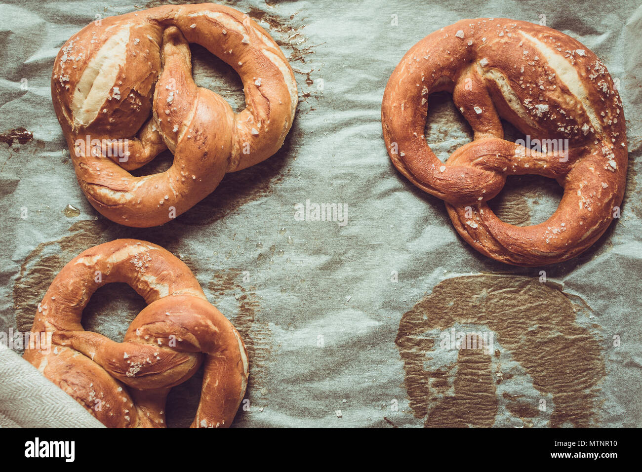 Rustic Look Pretzels From the Oven on Baking Sheet Stock Photo