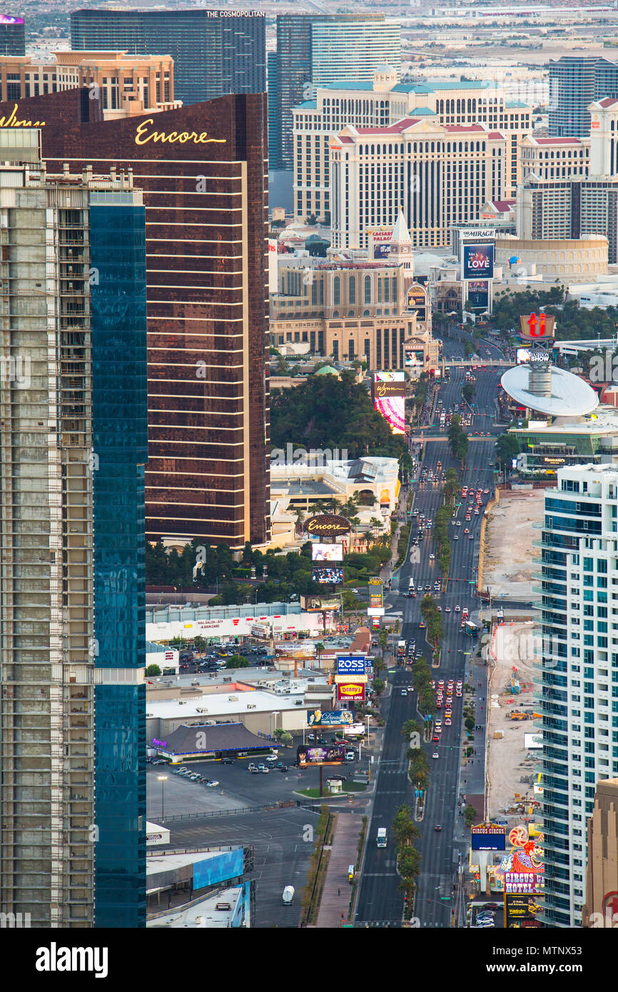 LAS VEGAS, NEVADA - MAY 15, 2018: View of world famous Las Vegas Boulevard also know as The Vegas Strip, with many luxury resort casino hotels in view Stock Photo