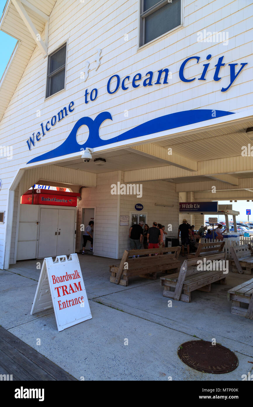 Ocean City, MD, USA May 26, 2018 A tram station stop located on the