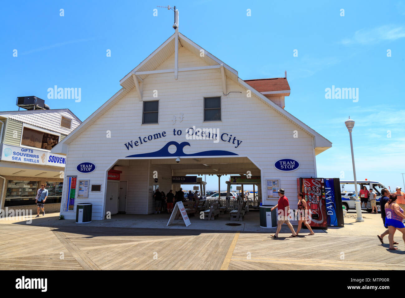 Ocean City, MD, USA - May 26, 2018: A tram station stop located on the ...
