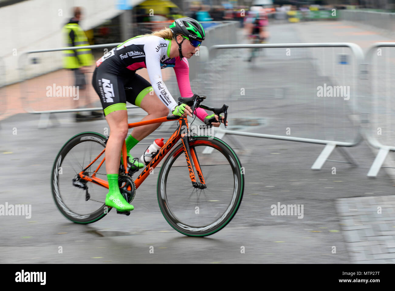 Poppy Thompson of YRDP racing in the elite women's 2018 OVO Energy Tour Series cycle race at Wembley, London, UK. Round 7 bike race. Stock Photo