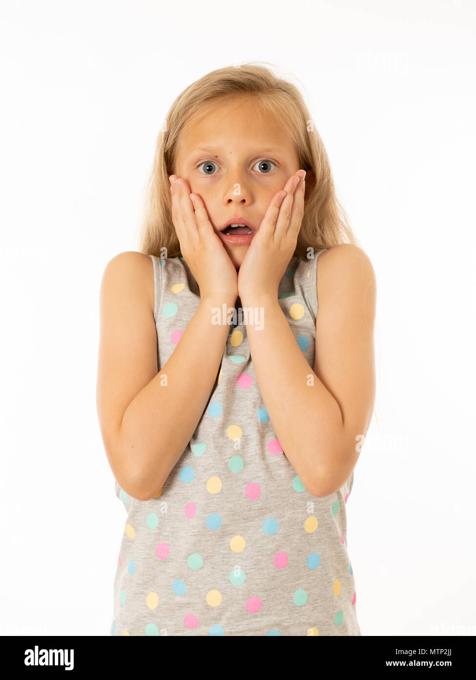 Close up portrait. Cute, scared young kid with a shocked, surprised face with fear. Human emotions, body language and facial expressions. White backgr Stock Photo