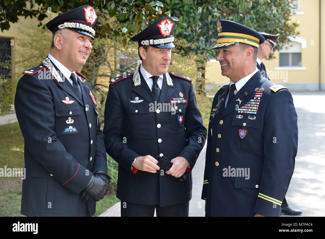 Brig. Gen. Giovanni Pietro Barbano, Center of Excellence for Stability Police Units (CoESPU) director (left), Brig. Gen. Fabrizio Parrulli, protection of cultural heritage commander (center) and U.S. Army Col. Darius S. Gallegos, CoESPU deputy director (right), during visit by His Royal Highness Prince Charles, Prince of Wales at Center of Excellence for Stability Police Units (CoESPU) Vicenza, Italy, April 1, 2017. (U.S. Army Photo by Visual Information Specialist Paolo Bovo/released) Stock Photo