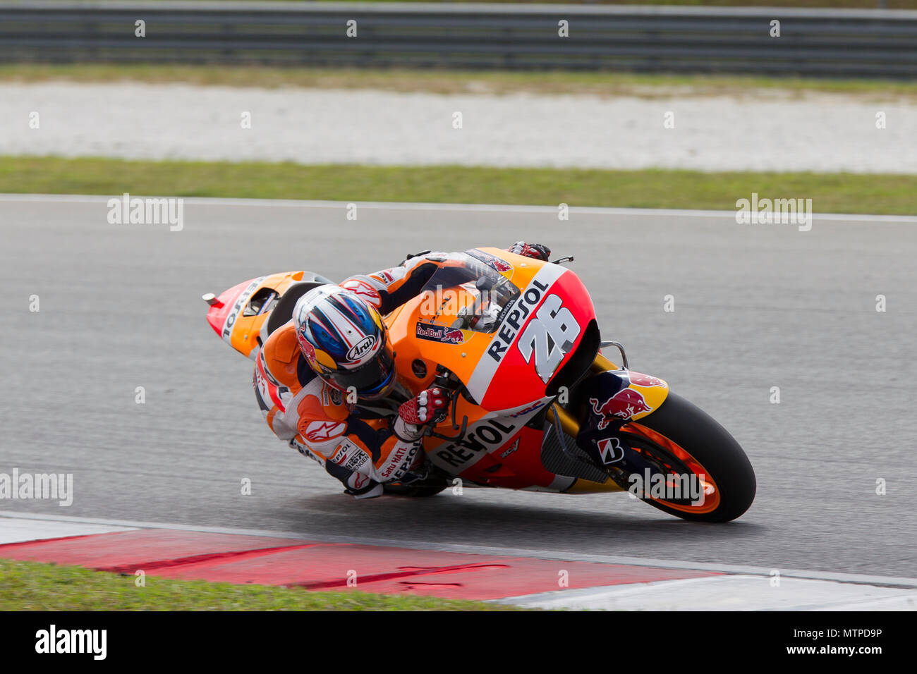 Spain's Dani Pedrosa astride his Repsol Honda RCV factory bike at the official MotoGP winter test at Sepang circuit in Malaysia. Stock Photo