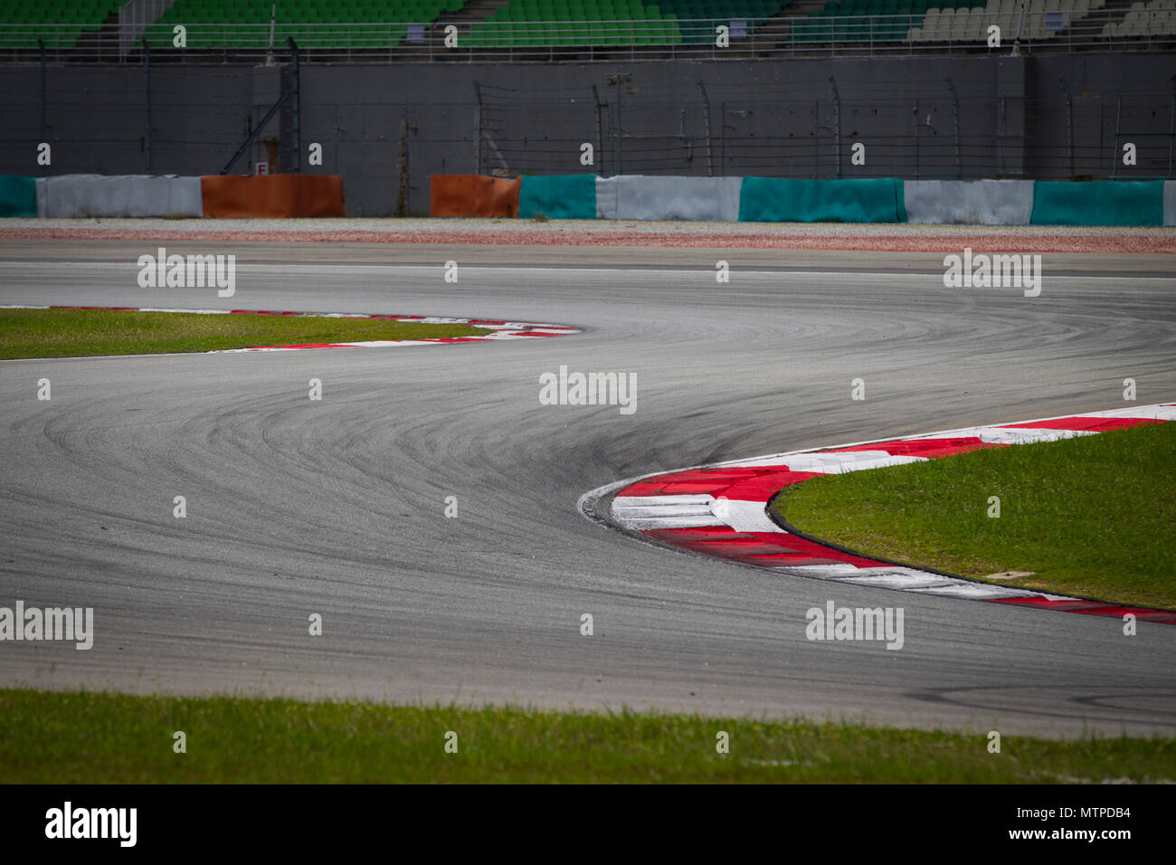 Turns one and two at Malaysia's Sepang circuit. Riders take to the circuit at the official MotoGP winter test at Sepang circuit in Malaysia. Stock Photo