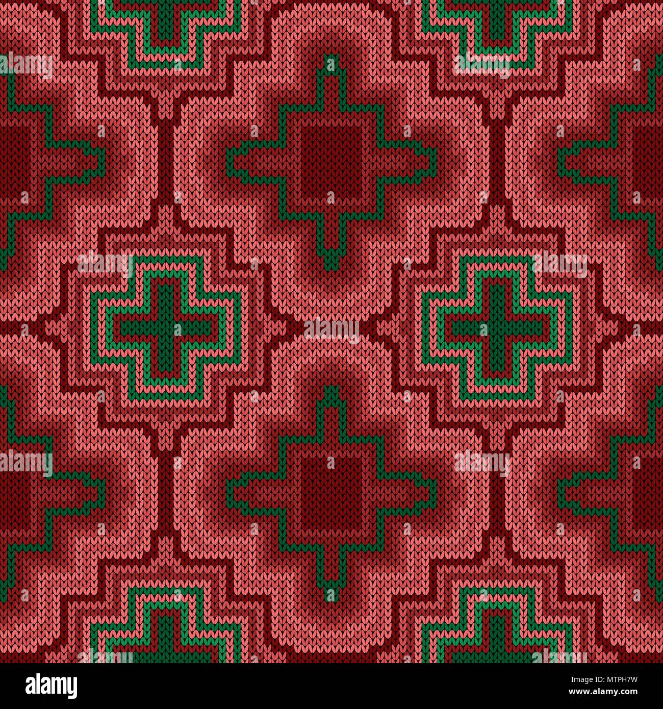 Knitting seamless ornament in red and green hues, vector pattern as a fabric texture Stock Vector