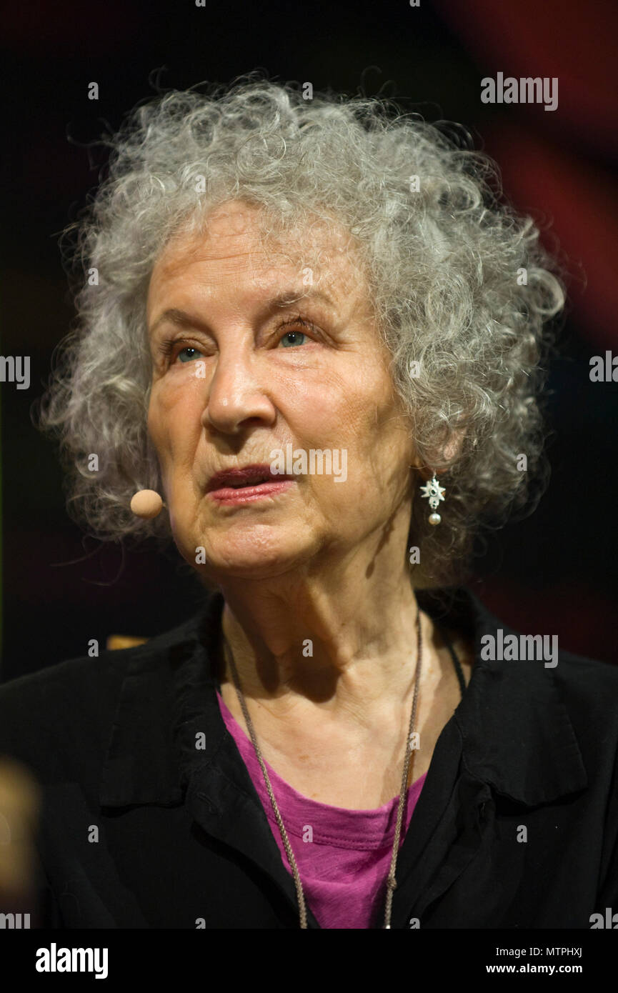 Margaret Atwood speaking on stage in the Tata Tent at Hay Festival 2018 Hay-on-Wye Powys Wales UK Stock Photo