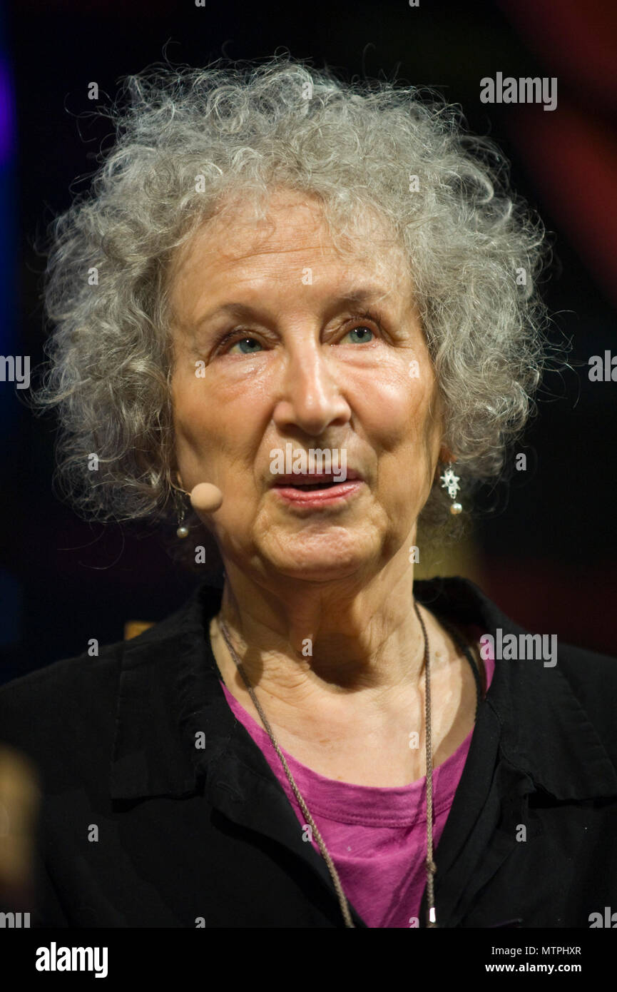Margaret Atwood speaking on stage in the Tata Tent at Hay Festival 2018 Hay-on-Wye Powys Wales UK Stock Photo