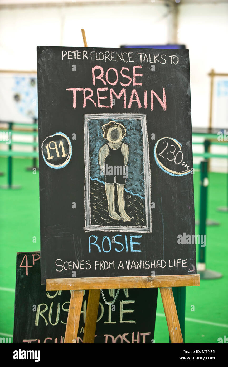 Chalkboard advertising Rose Tremain event in the Tata Tent at Hay Festival 2018 Hay-on-Wye Powys Wales UK Stock Photo