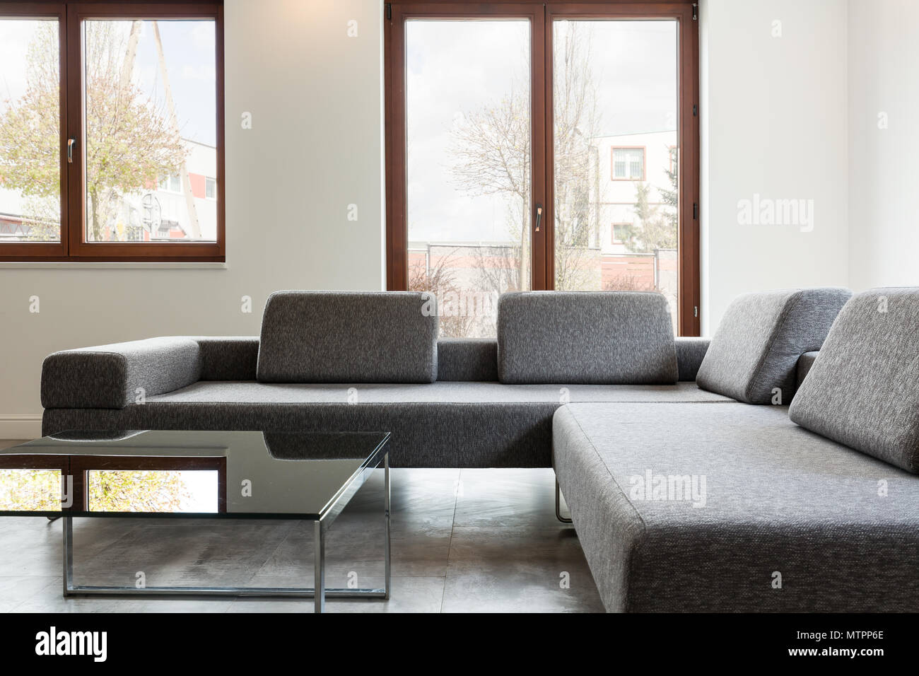 Big And Comfortable Sofa Standing In Light Interior With Windows
