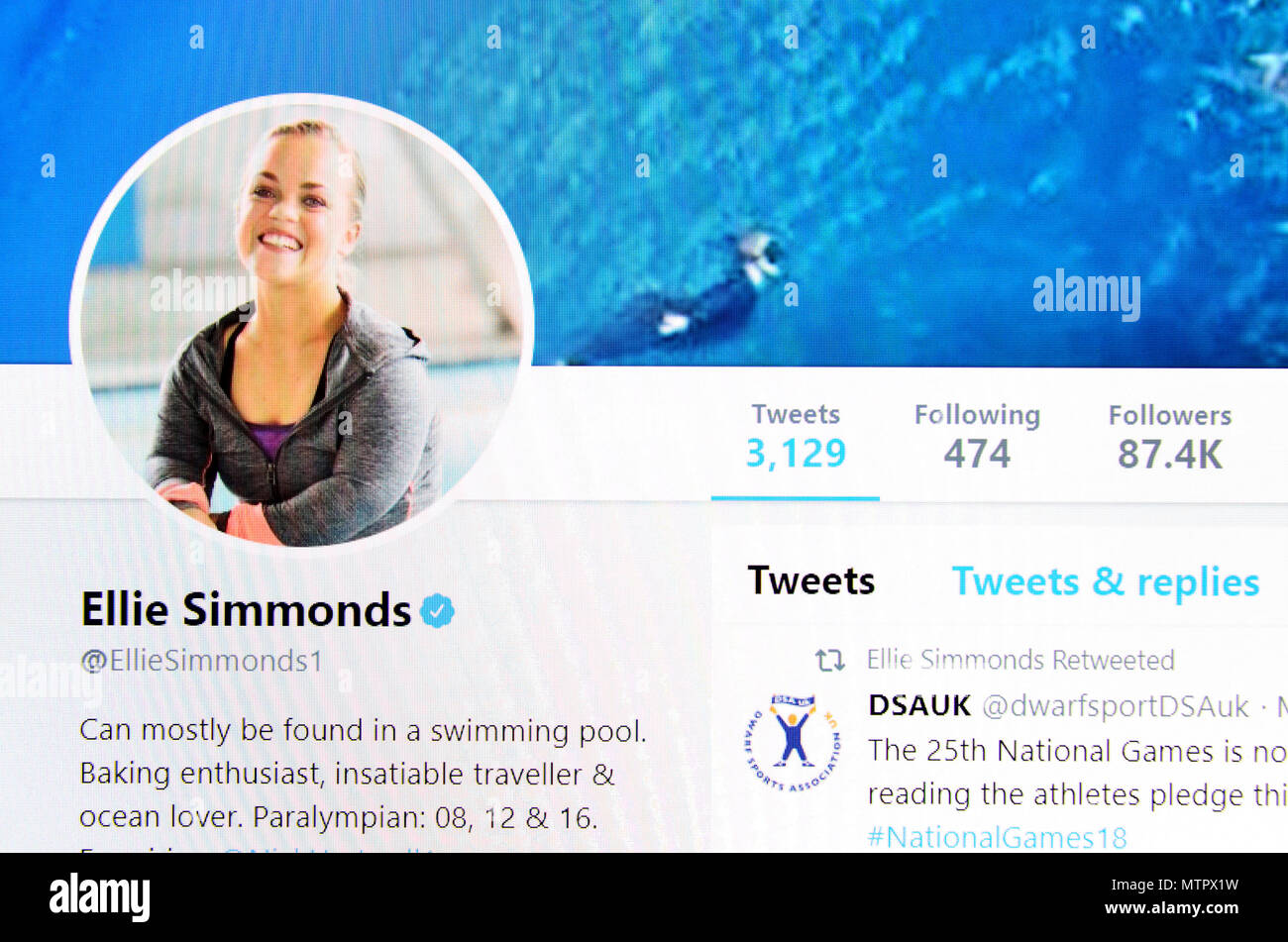 Ellie Simmonds (Paralympic swimmer) Twitter page (2018) Stock Photo