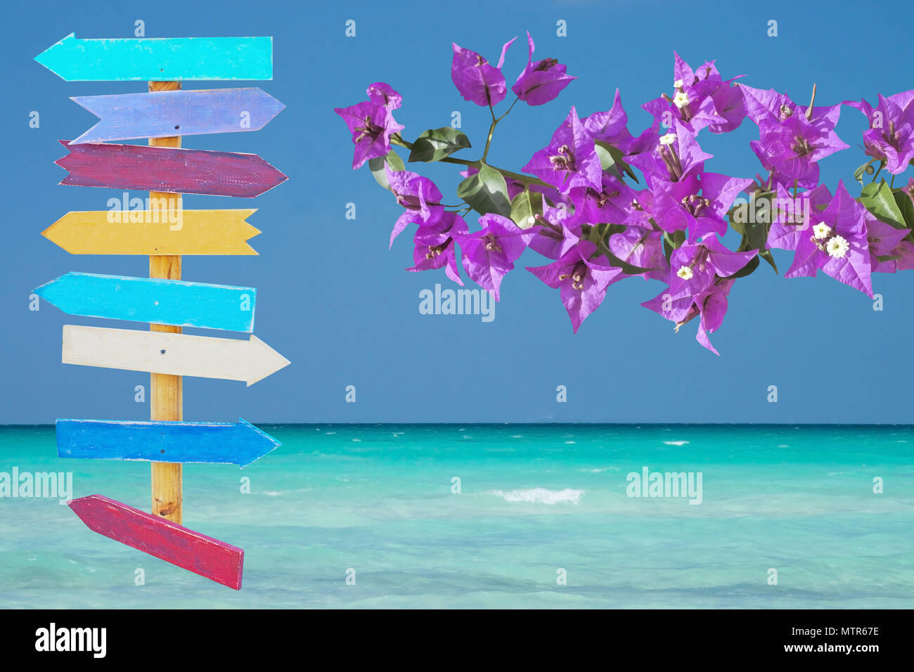 Beautiful ocean landscape with sea sky and horizon and pink bougainvillea wooden signpost decor background Stock Photo