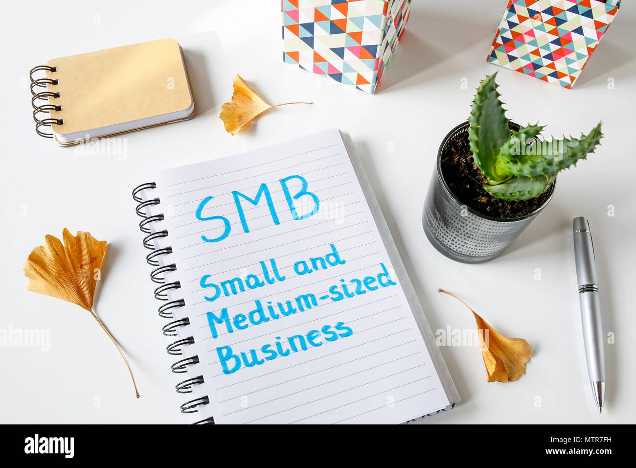 SMB Small And Medium-sized Business written in a notebook on white ...