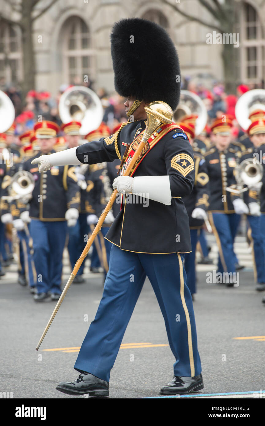 The Drum Major of the United States Army Band "Pershings Own" marches  during the inauguration Parade in Washington, D.C., Jan 20, 2017. More than  50,000 military members from across all branches of