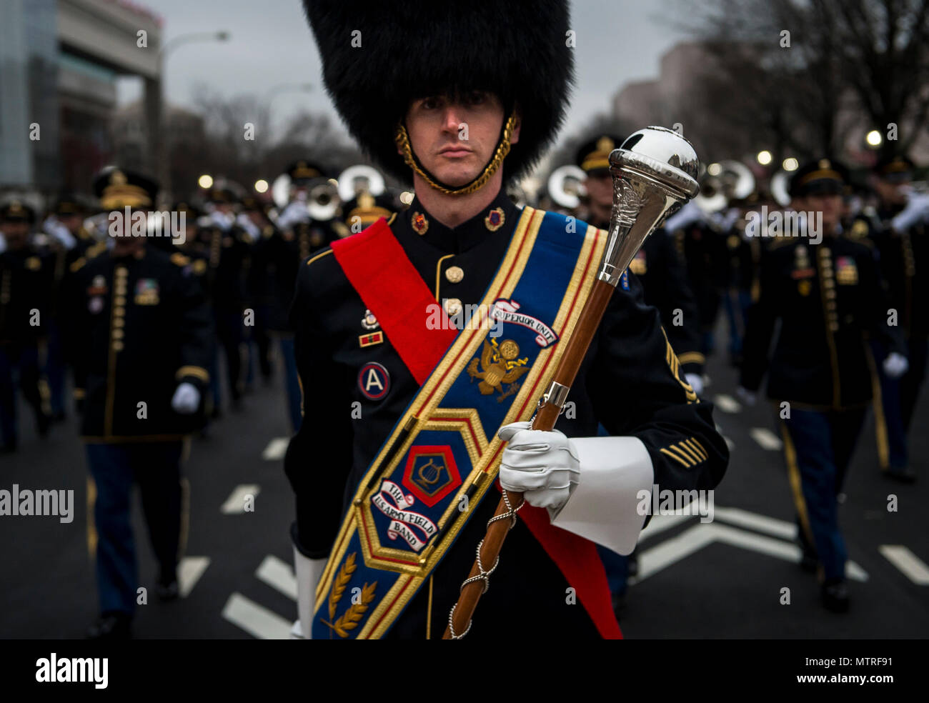 The drum major for the U.S. Army Field Band leads his formation during