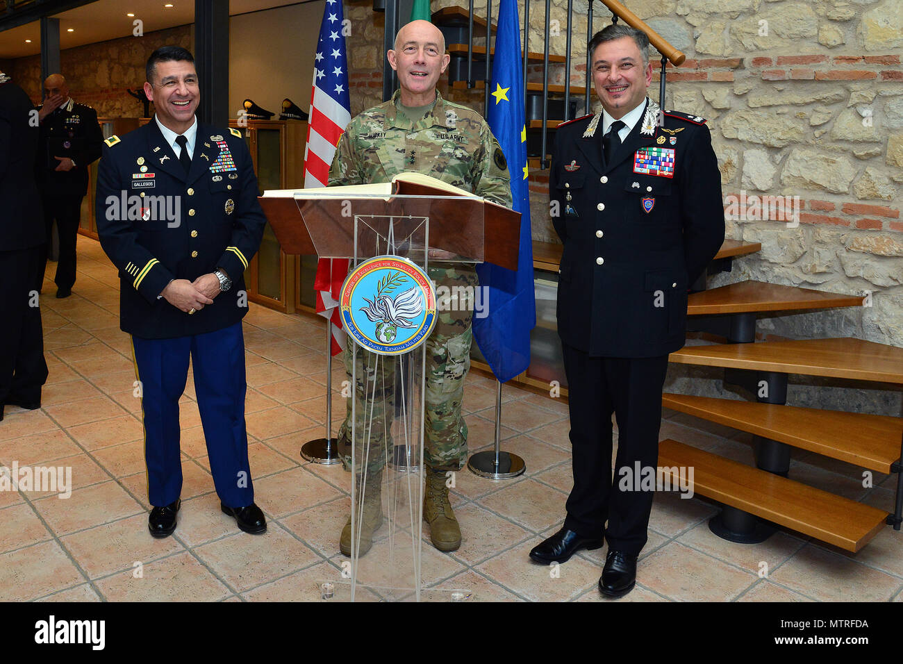 U.S. Army Col. Darius S. Gallegos (left), Center of Excellence for Stability Police Units (CoESPU) deputy director, Lt. Gen. Charles D. Luckey (center), Commanding General U.S. Army Reserve Command, Brig. Gen. Giovanni Pietro Barbano( right), (CoESPU) director, during visit at Center of Excellence for Stability Police Units (CoESPU) Vicenza, Italy, January 20, 2017.(U.S. Army Photo by Visual Information Specialist Paolo Bovo/released) Stock Photo