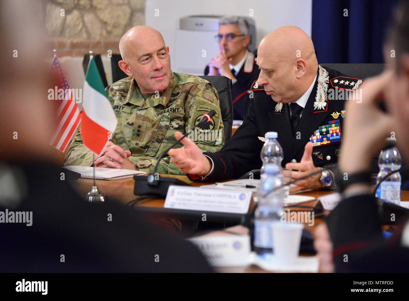 Lt. Gen Vincenzo Coppola (left), Commanding General “Palidoro” Carabinieri Specialized and Mobile Units, talk with Lt. Gen. Charles D. Luckey (left), Commanding General U.S. Army Reserve Command, during the visit at Center of Excellence for Stability Police Units (CoESPU) Vicenza, Italy, January 20, 2017.(U.S. Army Photo by Visual Information Specialist Paolo Bovo/released) Stock Photo