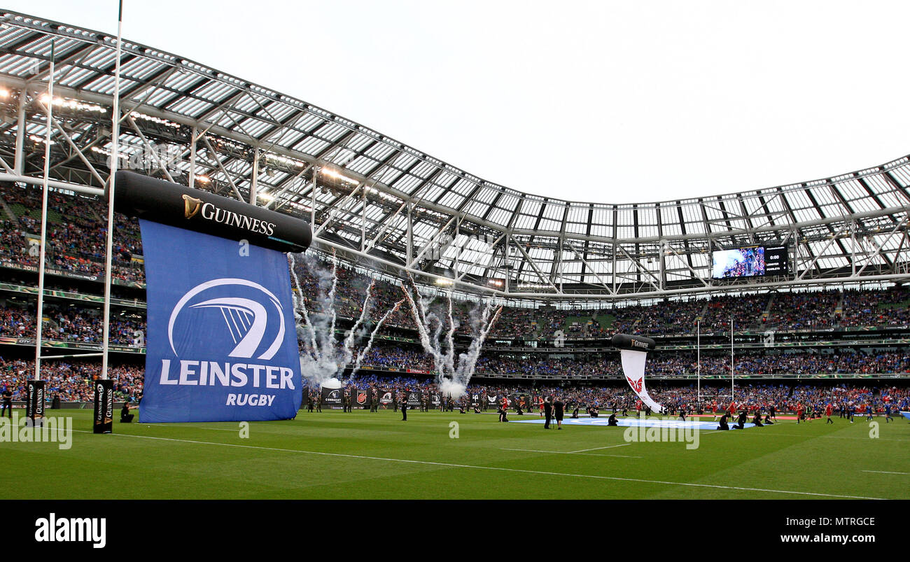 A view of the teams coming out ahead of the Guinness PRO14 final at the Aviva Stadium, Dublin. Stock Photo