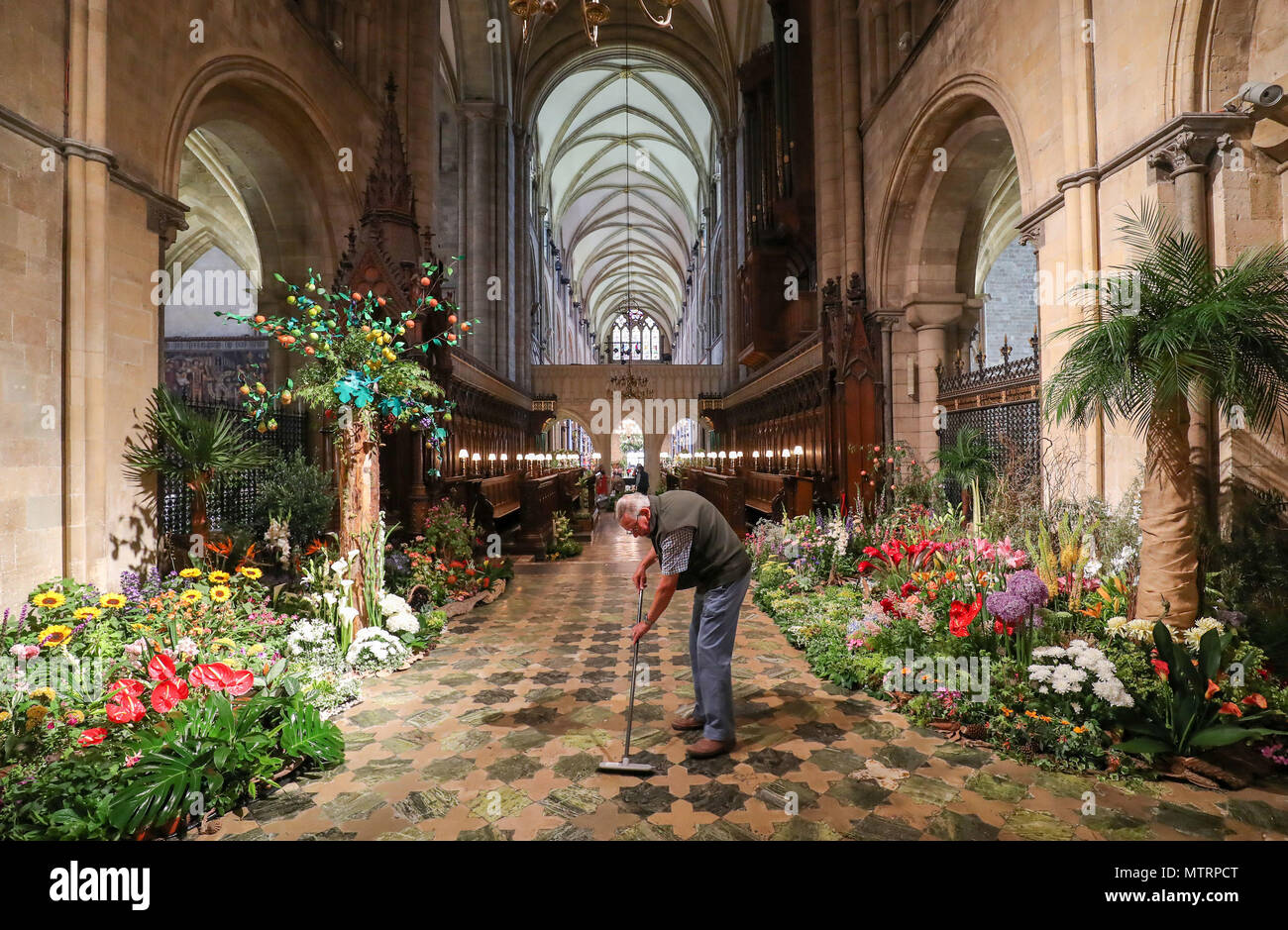 Final preparations are made to displays inside Chichester Cathedral, as it is filled with 80 flower arrangements using over 50,000 flowers, to celebrate its annual Festival of Flowers, which this year has a theme of 'This Earthly Paradise'. Stock Photo
