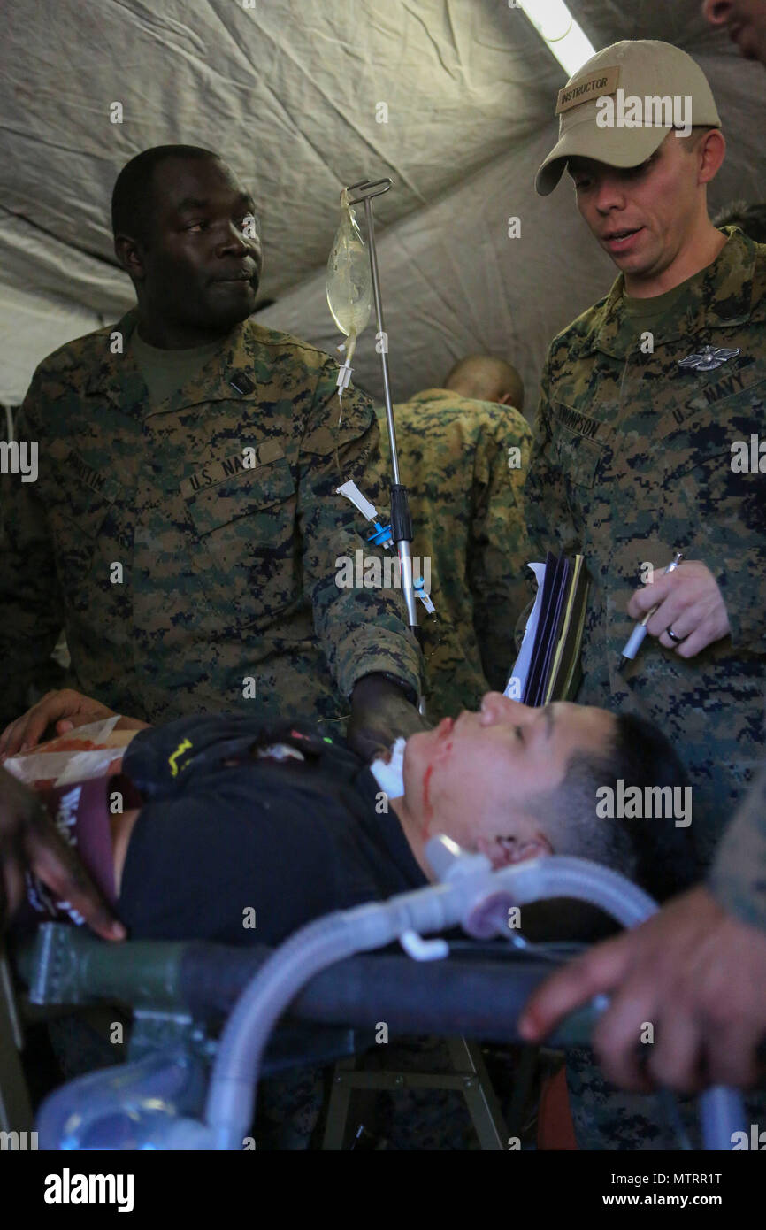 U.S Navy Petty Officer 3rd Class Stanley K. Maritim, Hospital Corpsmen with Alpha Company (left) and Petty Officer 2nd Class Shannon P. Thompson, Headquarters and Service Company, 2nd Medical Battalion, 2nd Marine Logistics Group participate in a mass casualty drill at TLZ Egrett on Camp Lejeune, N.C., Jan. 19, 2017. Sailors conducted training to display corpsmen operational capabilities. (U.S. Marine Corps photo by Cpl. Stephanie Cervantes) Stock Photo