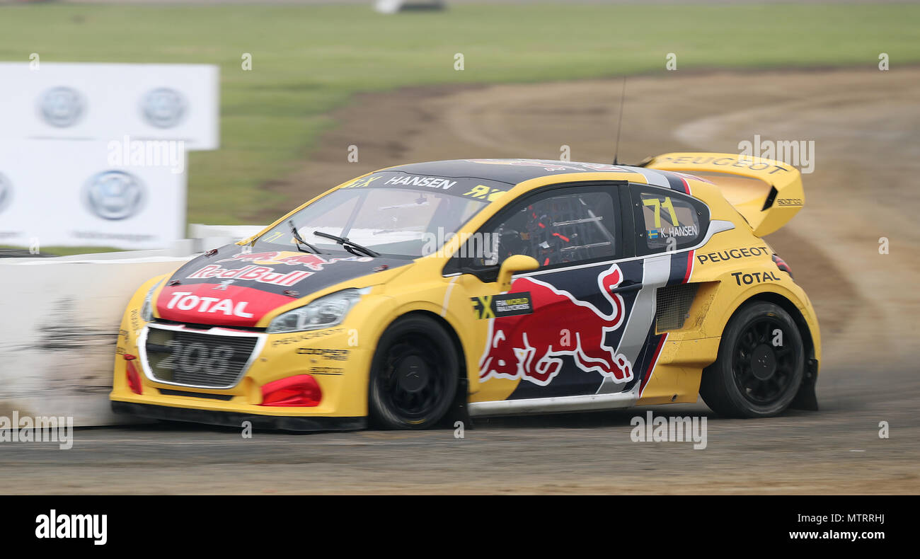 Kevin Hansen during day two of the 2018 FIA World Rallycross Championship at Silverstone, Towcester. PRESS ASSOCIATION Photo. Picture date: Saturday May 26, 2018. See PA story AUTO Rally. Photo credit should read: David Davies/PA Wire Stock Photo