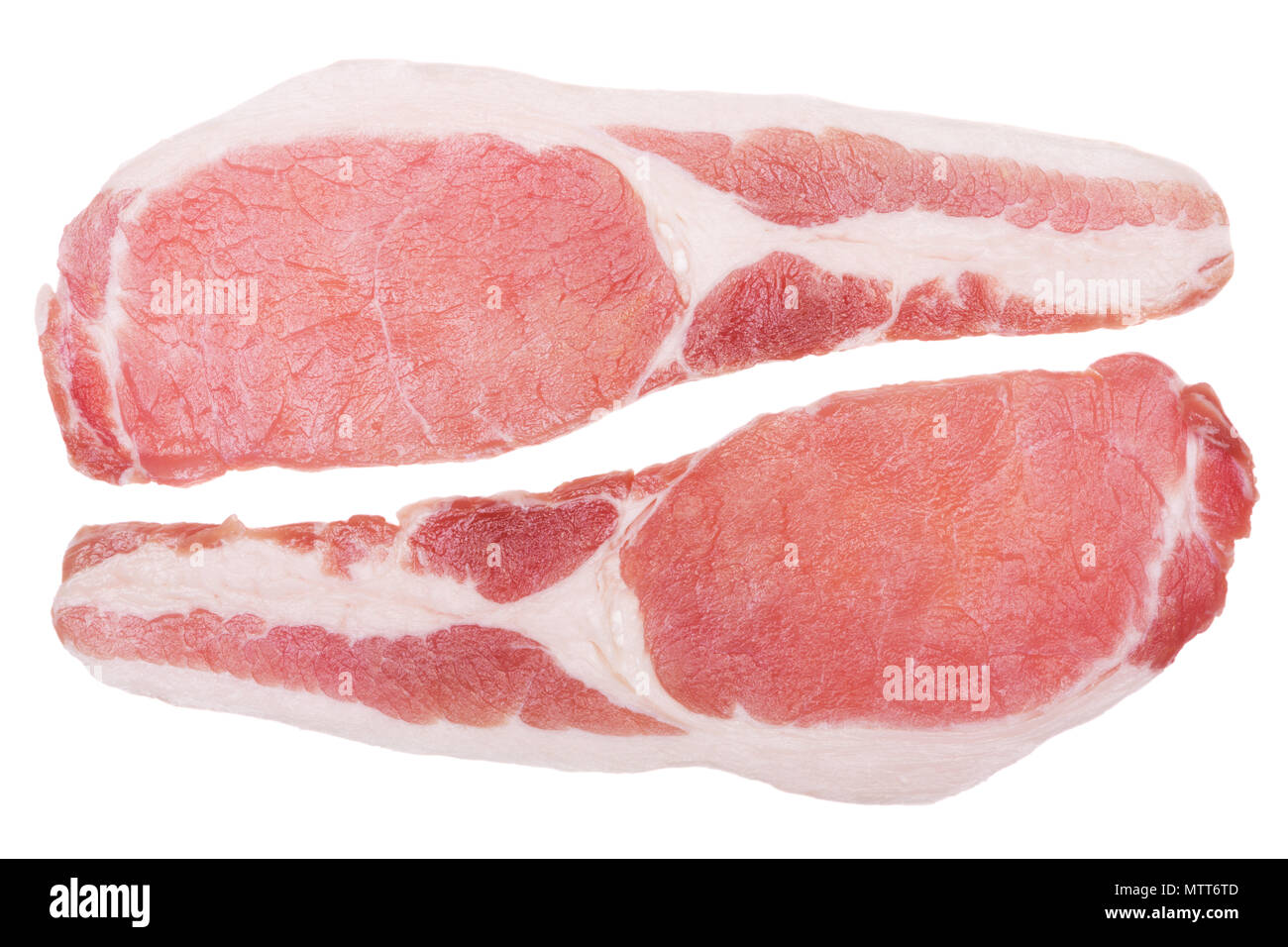 Close up of two raw bacon slices isolated on white. From above Stock Photo