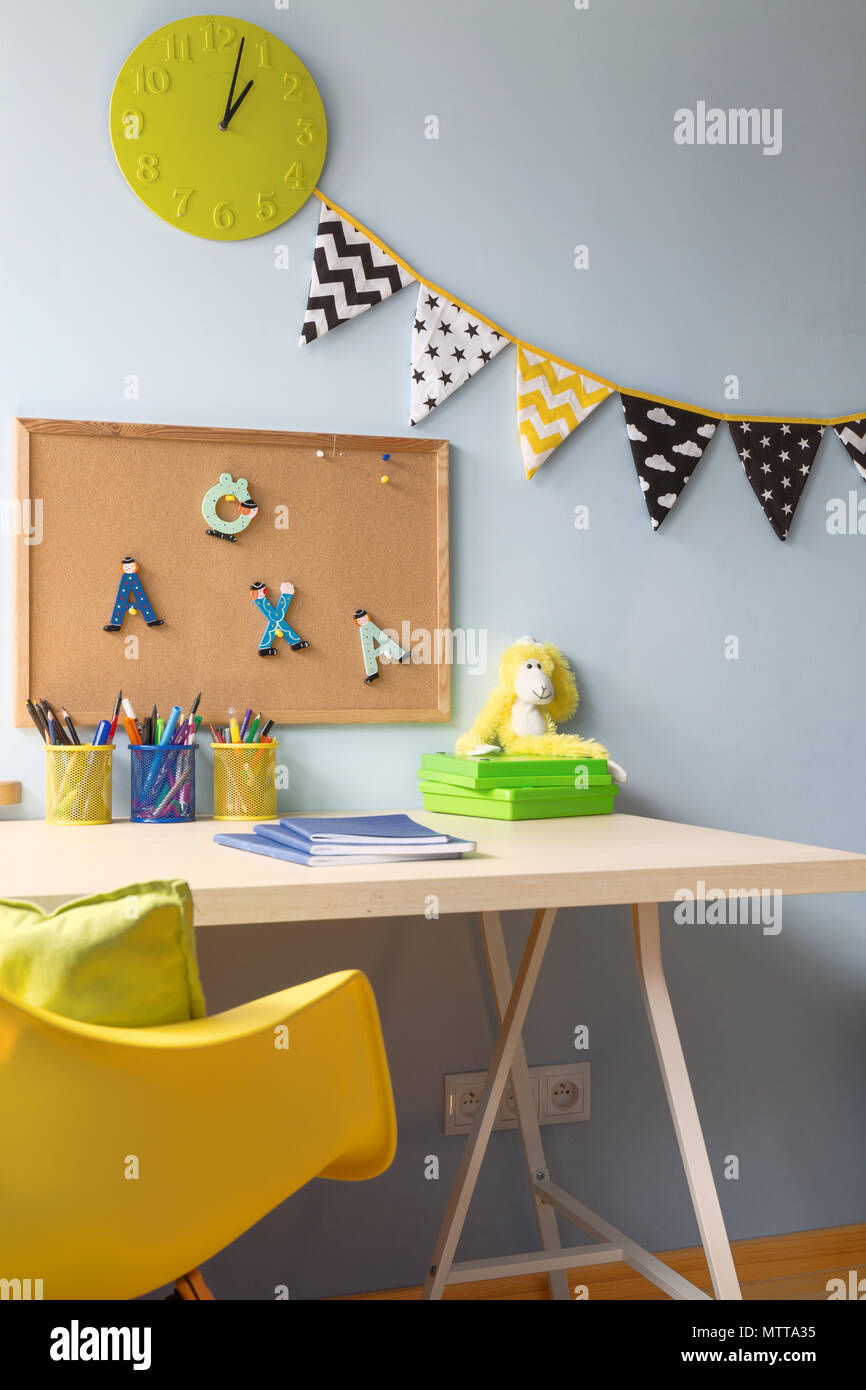 Close Up Of A Work Space In A Child Room With Desk Cork