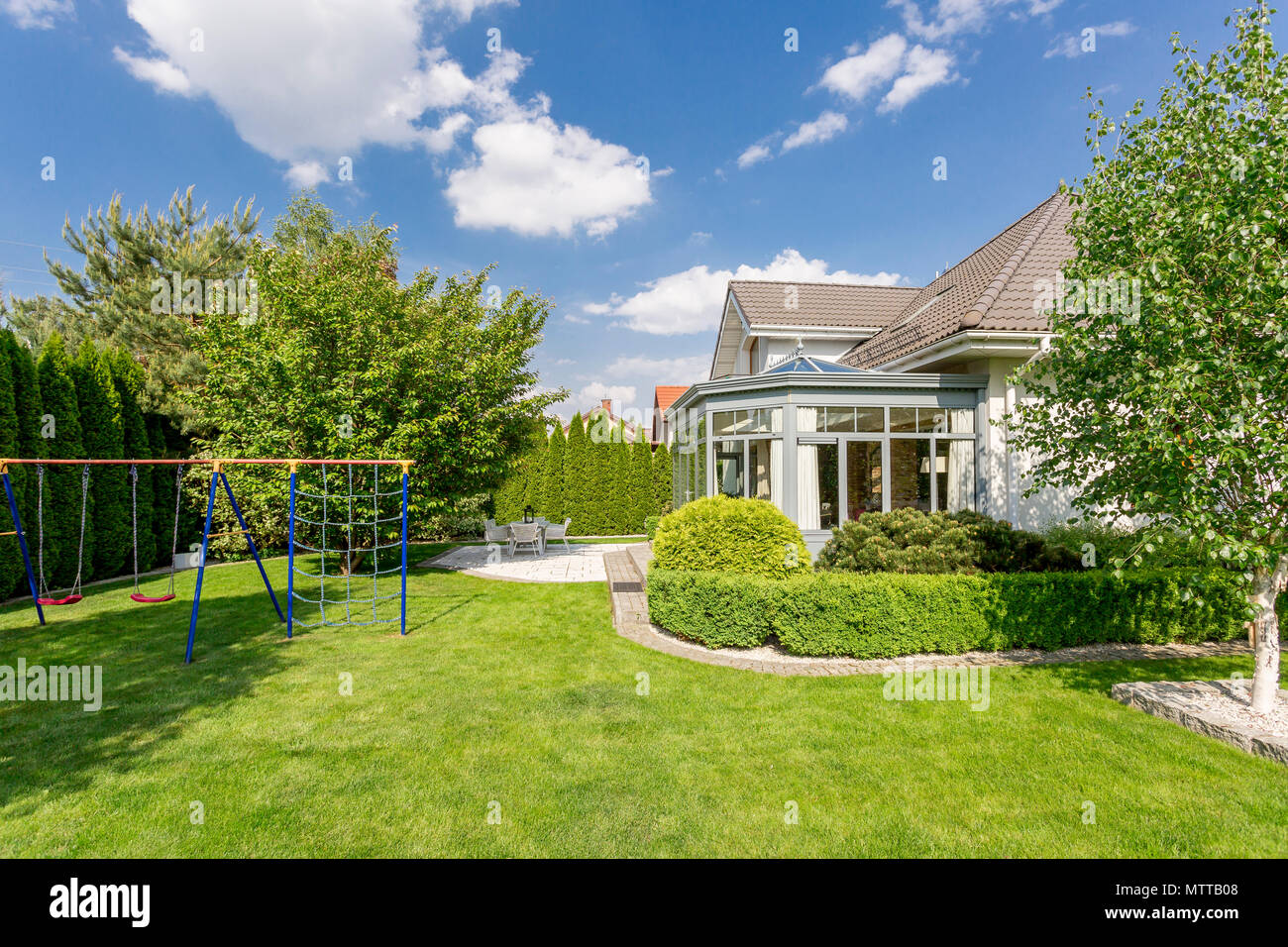 New style villa with beautiful large backyard Stock Photo