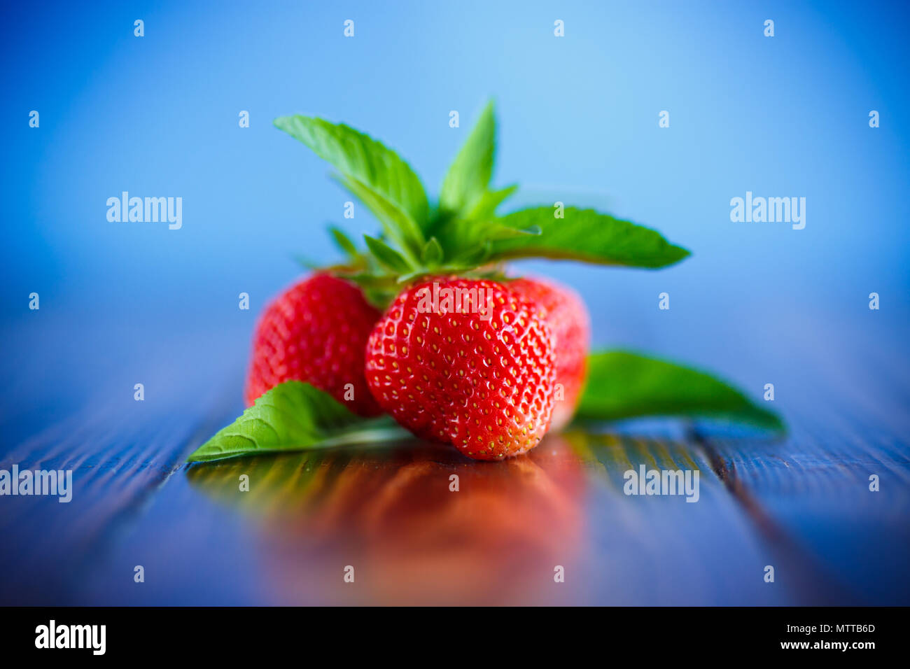 ripe red organic strawberry on a blue background Stock Photo