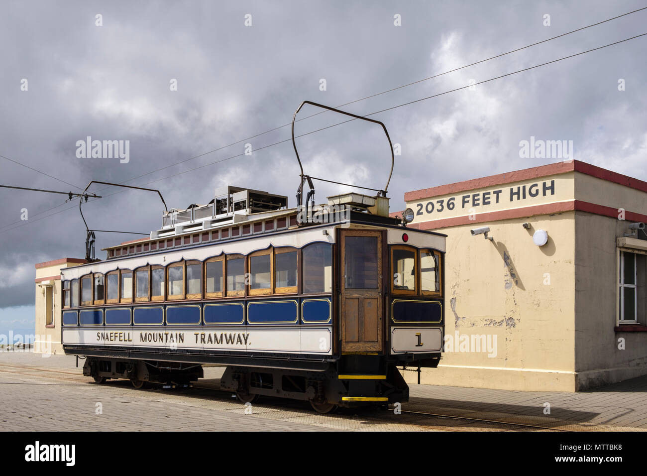 Snaefell Mountain Tramway electric railcar train carriage number 1, built 1895, waiting at the summit station cafe. Laxey, Isle of Man, British Isles Stock Photo