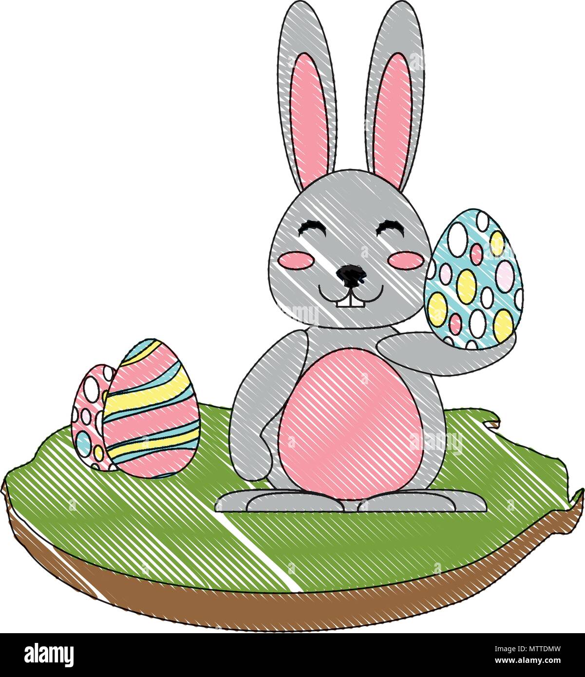 cute rabbit with easter egg in the grass over white background, vector ...