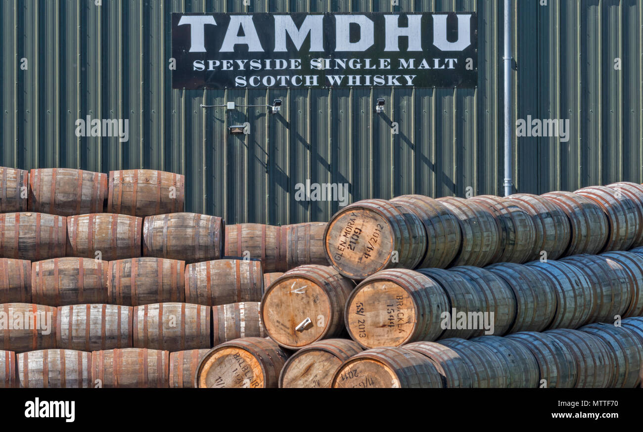 MALT WHISKY BARRELS OR CASKS STACKED ROW UPON ROW AT TAMDHU NEAR TO THE