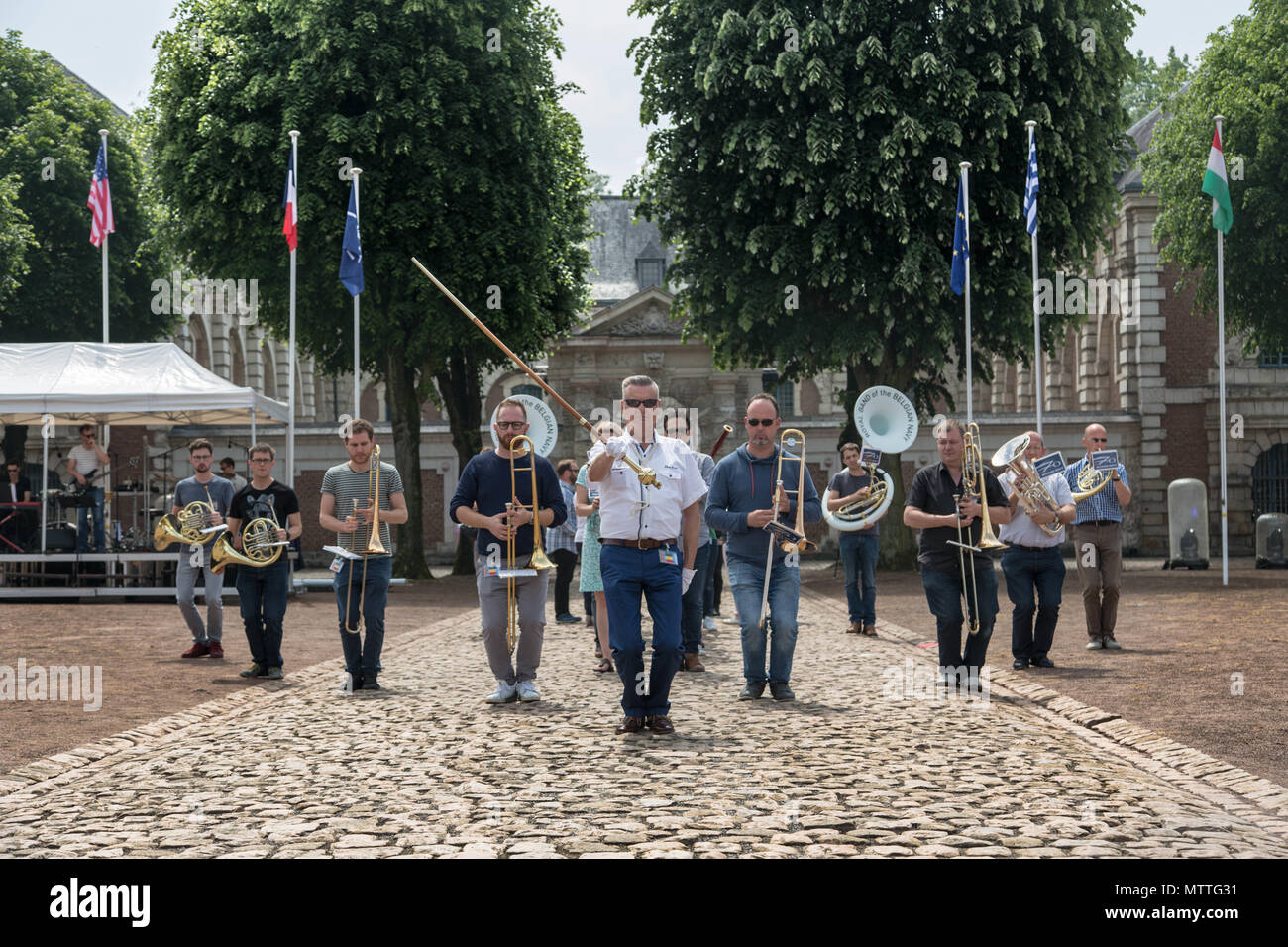 The Belgian Navy Band rehearses for their performance of the Citadelle 350 anniversary, May 25, 2018, Lille, France.  US Army photo by SGT Joseph Agacinski/released. Stock Photo