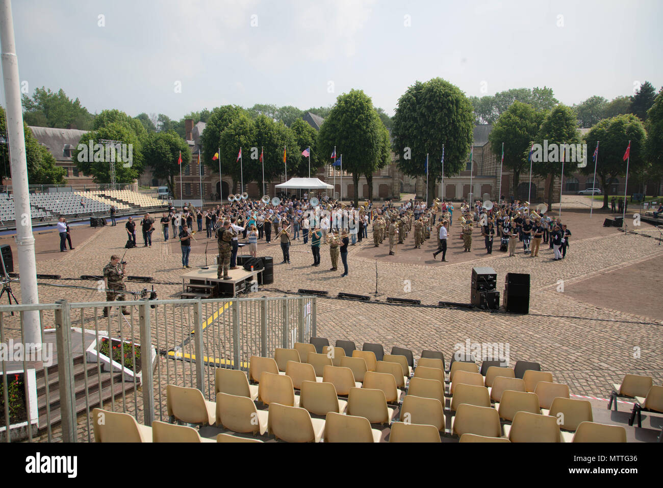 The mass international bands rehearse for the Citadelle 350 anniversary military show.  US Army photo by Sgt Joseph Agacinski/released. Stock Photo